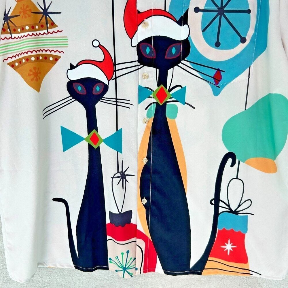 Hawaiian Christmas Retro Cats Short Sleeve Shirt Atomic Mod MCM Siamese Mens 4XL - Picture 2 of 10